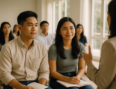 Young Filipino couple listening to a seminar facilitator with workbooks in a bright venue