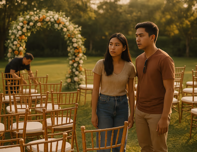 Young Filipino couple tours garden ceremony venue with aisle chairs and arch