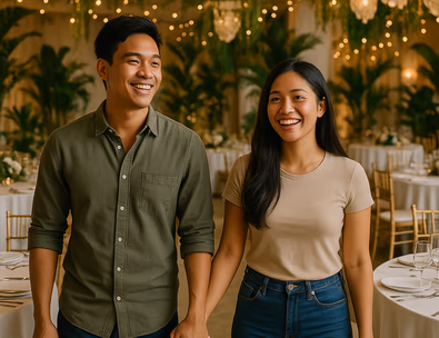 Young Filipino couple tours wedding reception hall with tropical decor and fairy lights in the Philippines