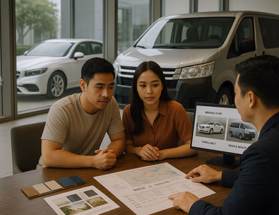 Young couple planning wedding transport while viewing a bridal car and van through a showroom window.