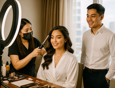 Young Filipino bride getting soft glam hair and makeup while groom looks on in a bright prep room