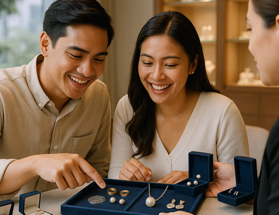 Young Filipino couple choosing wedding jewelry in a Manila boutique with rings pearls and arrhae on a tray