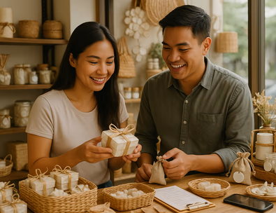 Young Filipino couple choosing wedding favors in a Manila artisan shop with capiz abaca and rattan