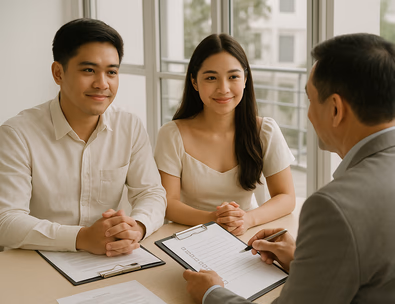 Young Filipino couple consulting a wedding officiant with documents on table in a Manila venue