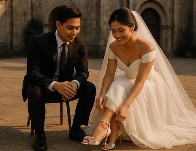 Young Filipino couple in wedding attire admiring bridal heels and groom shoes at a Manila church courtyard during golden hour