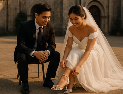 Young Filipino couple in wedding attire admiring bridal heels and groom shoes at a Manila church courtyard during golden hour