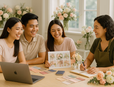 Young filipino couple planning floral design with stylist in bright studio with moodboard and fresh blooms