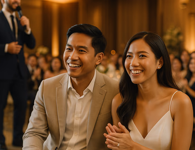 Young Filipino couple at a wedding reception with emcee on stage warm ballroom lights and happy guests in view