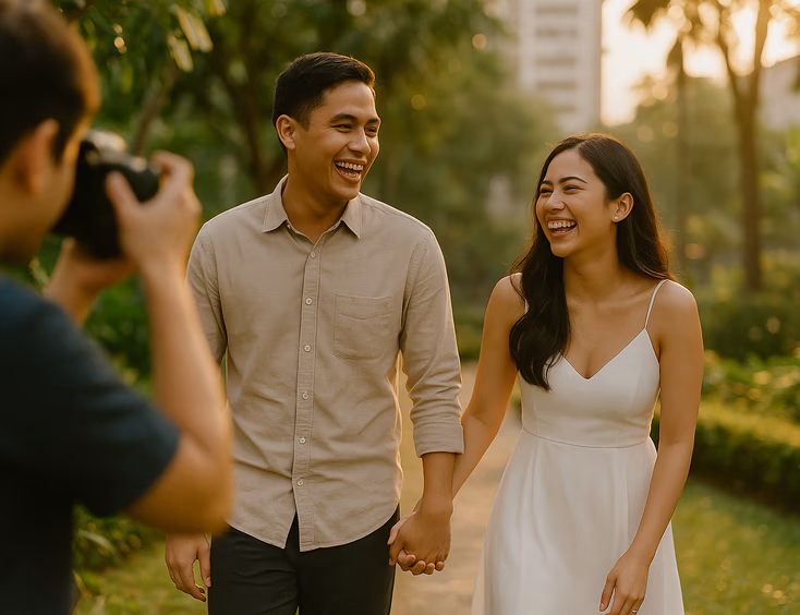 Featured image young Filipino couple laughing during prenup session in a lush Manila style garden at golden hour