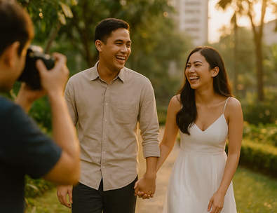 Featured image young Filipino couple laughing during prenup session in a lush Manila style garden at golden hour