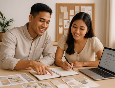 Young Filipino couple planning a wedding with a coordinator in a modern studio