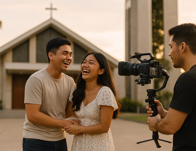 Young Filipino couple outside a Philippine church as a videographer films candid smiles during golden hour