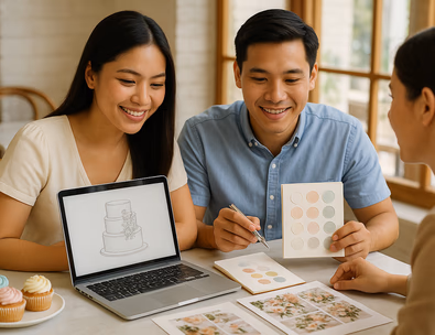 Young couple planning wedding cake at a Manila cafe with laptop sketches and sample cupcakes
