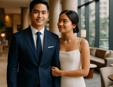 Young Filipino couple in wedding attire at a modern hotel lobby in Manila