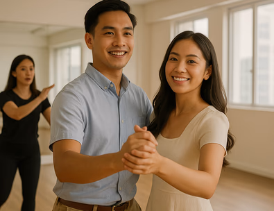 Young Filipino couple planning wedding choreography at a cafe table with laptop and swatches
