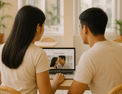 Young Filipino couple checking a wedding website on laptop and phone in a bright cafe