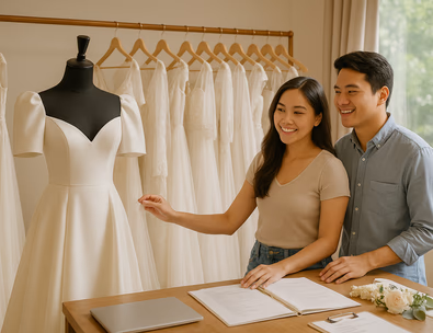 Young Filipino couple in Manila bridal boutique reviewing gowns realistic style