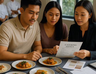 Young Filipino couple at a menu tasting with plated dishes and tableware samples