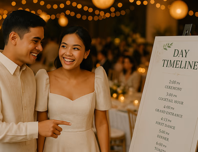 Young Filipino couple checking timeline cards while guests mingle in a warmly lit reception hall