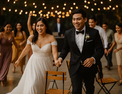 Young Filipino couple leading musical chairs as guests circle sturdy chairs under warm lights
