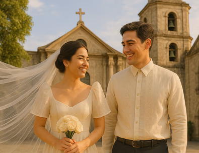 Young Filipino couple outside a stone church bride in airy piña terno with butterfly sleeves groom in barong soft golden light