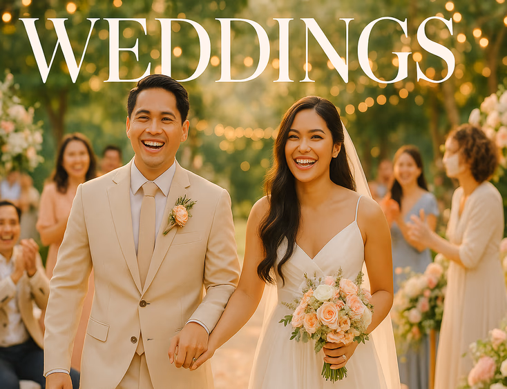 Filipino bride and groom smiling at their outdoor wedding surrounded by guests and pastel floral decorations