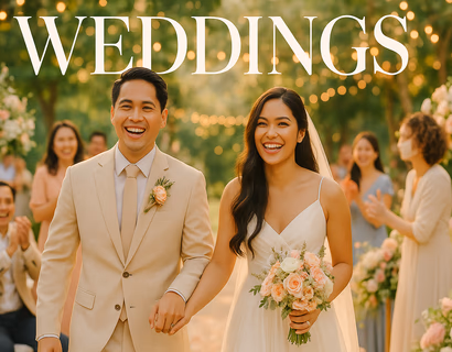 Filipino bride and groom smiling at their outdoor wedding surrounded by guests and pastel floral decorations