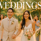 Filipino bride and groom smiling at their outdoor wedding surrounded by guests and pastel floral decorations