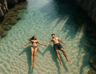 Young Filipino couple floating hand in hand above rippled white sand in a clear lagoon with limestone coves and a faint drone shadow
