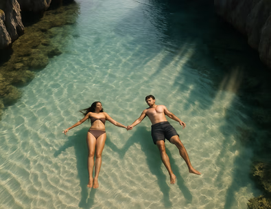 Young Filipino couple floating hand in hand above rippled white sand in a clear lagoon with limestone coves and a faint drone shadow