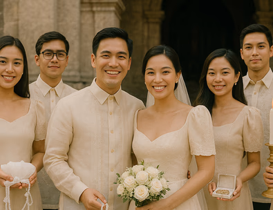 Young Filipino couple with secondary sponsors presenting veil cord candle and coins outside a heritage church after the ceremony