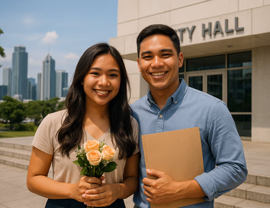 Young Filipino couple outside city hall ready for a civil wedding