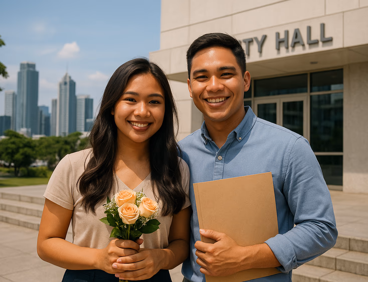 Young Filipino couple outside city hall ready for a civil wedding