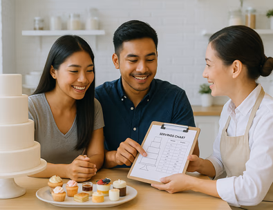 Young Filipino couple reviewing cake tiers and mini desserts with a baker while checking a servings chart on a clipboard