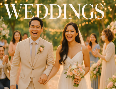 Filipino bride and groom smiling at their outdoor wedding surrounded by guests and pastel floral decorations