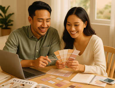 Couple planning their wedding at a table filled with color swatches, magazines, and a laptop.