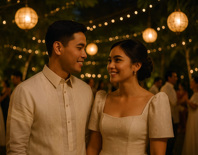 Young Filipino couple smiling during sunset reception with family dancing under fairy lights tropical florals and modern Filipiniana styling