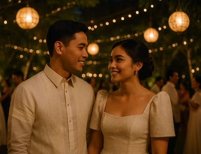 Young Filipino couple smiling during sunset reception with family dancing under fairy lights tropical florals and modern Filipiniana styling