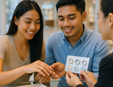 Young Filipino couple choosing wedding rings at a Manila jewelry studio while testing widths and finishes