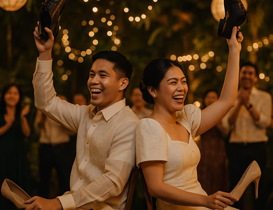 Young Filipino couple back to back on stage raising shoes while guests cheer warm lights capiz lanterns and tropical décor at an evening reception