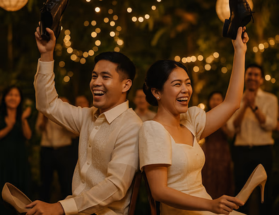 Young Filipino couple back to back on stage raising shoes while guests cheer warm lights capiz lanterns and tropical décor at an evening reception