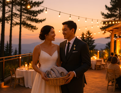 Young Filipino couple on a Tagaytay veranda at golden hour with string lights and ridge views