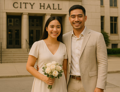 Young Filipino couple in civil wedding attire outside City Hall