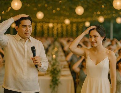 Young Filipino couple guiding a gentle wedding game with smiling guests under warm lights