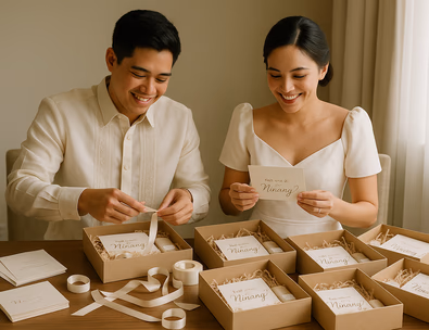 Young Filipino couple assembling ninang proposal boxes on a table with stationery keepsakes and a handwritten note